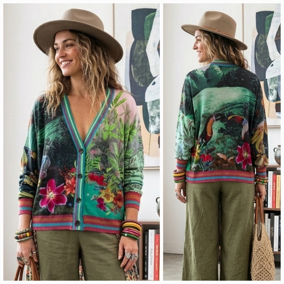 Desigual Sweaters - Desigual XL Eclectic Boho Art to Wear Tropical Floral Colorful Metallic Cardigan